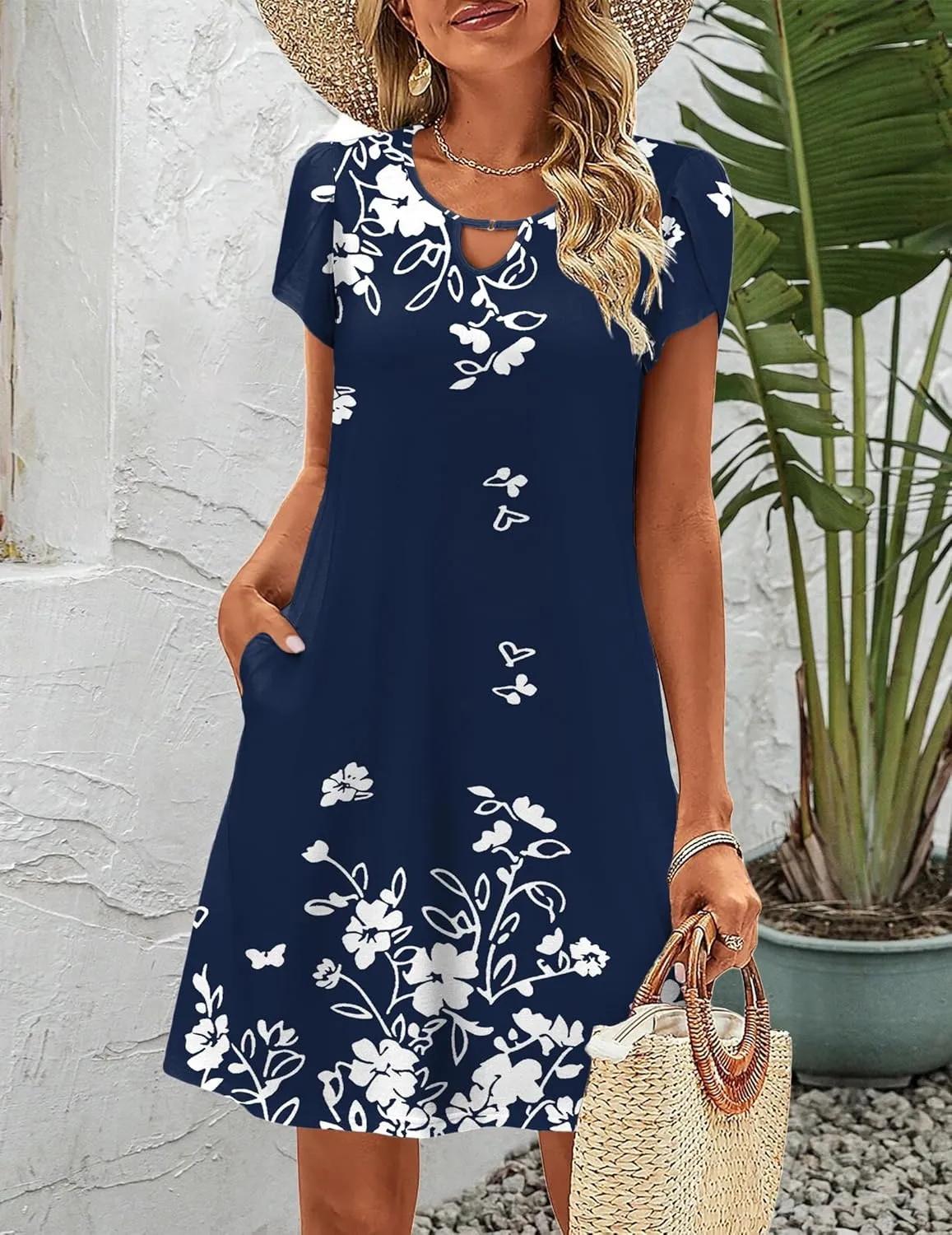 Zeagoo Women's Casual A-Line Dresses with Pockets Summer Floral Tshirt Dress Short Sleeve Mini Dress Flowy Sundresses
