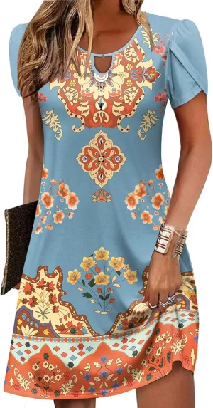 Zeagoo Women's Casual A-Line Dresses with Pockets Summer Floral Tshirt Dress Short Sleeve Mini Dress Flowy Sundresses