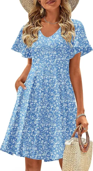 Zeagoo Womens Summer Dress Casual Swing Floral Ruffle Short Sleeve Sundresses Beach Mini A-line Shift Dress 2025 with Pockets