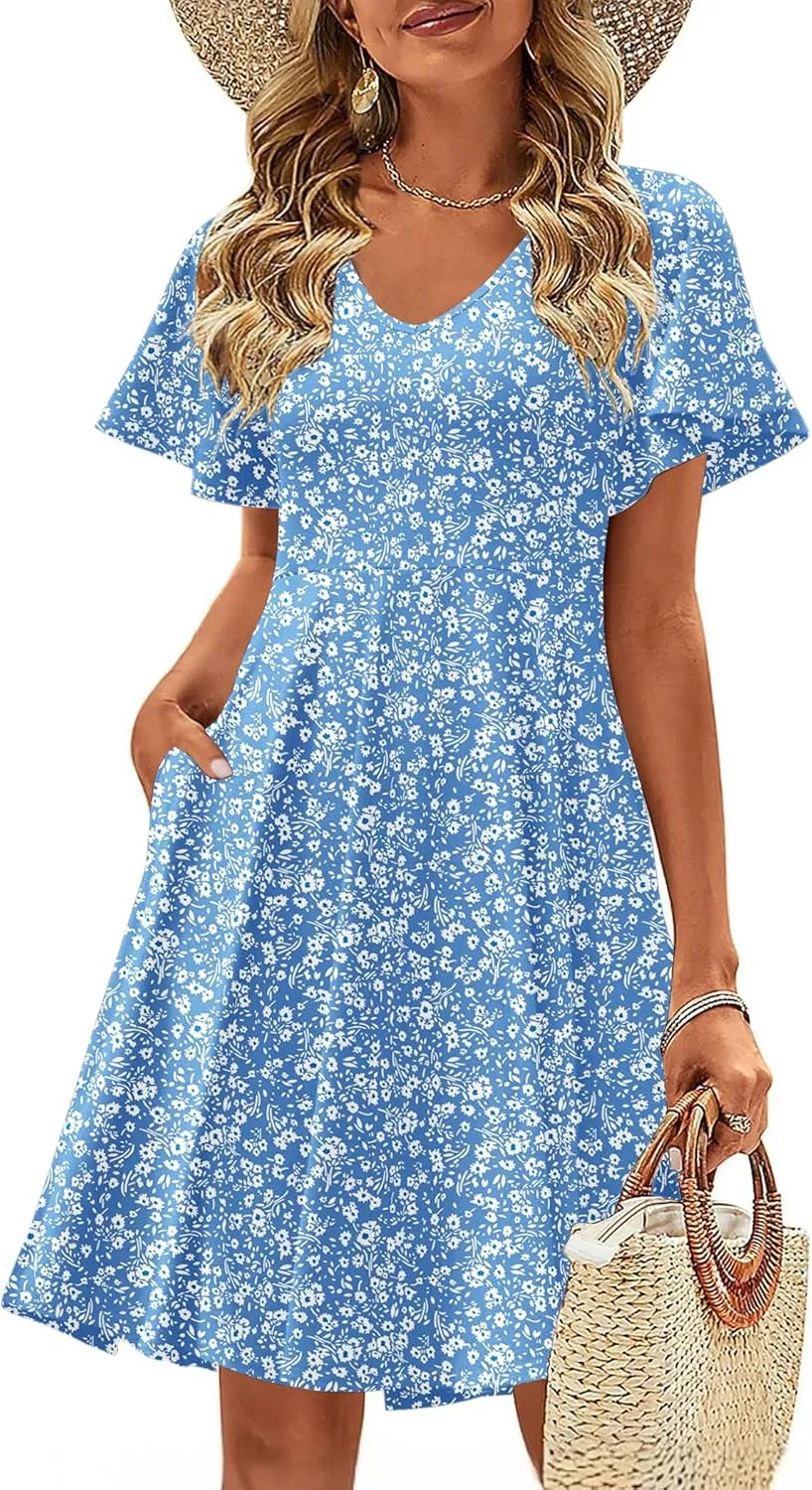 Zeagoo Womens Summer Dress Casual Swing Floral Ruffle Short Sleeve Sundresses Beach Mini A-line Shift Dress 2025 with Pockets