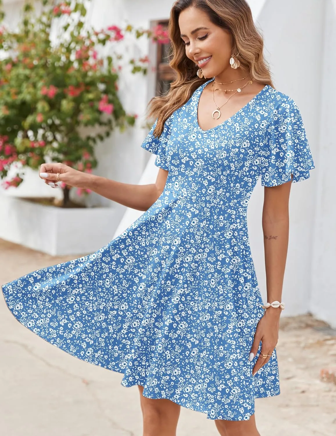 Zeagoo Womens Summer Dress Casual Swing Floral Ruffle Short Sleeve Sundresses Beach Mini A-line Shift Dress 2025 with Pockets