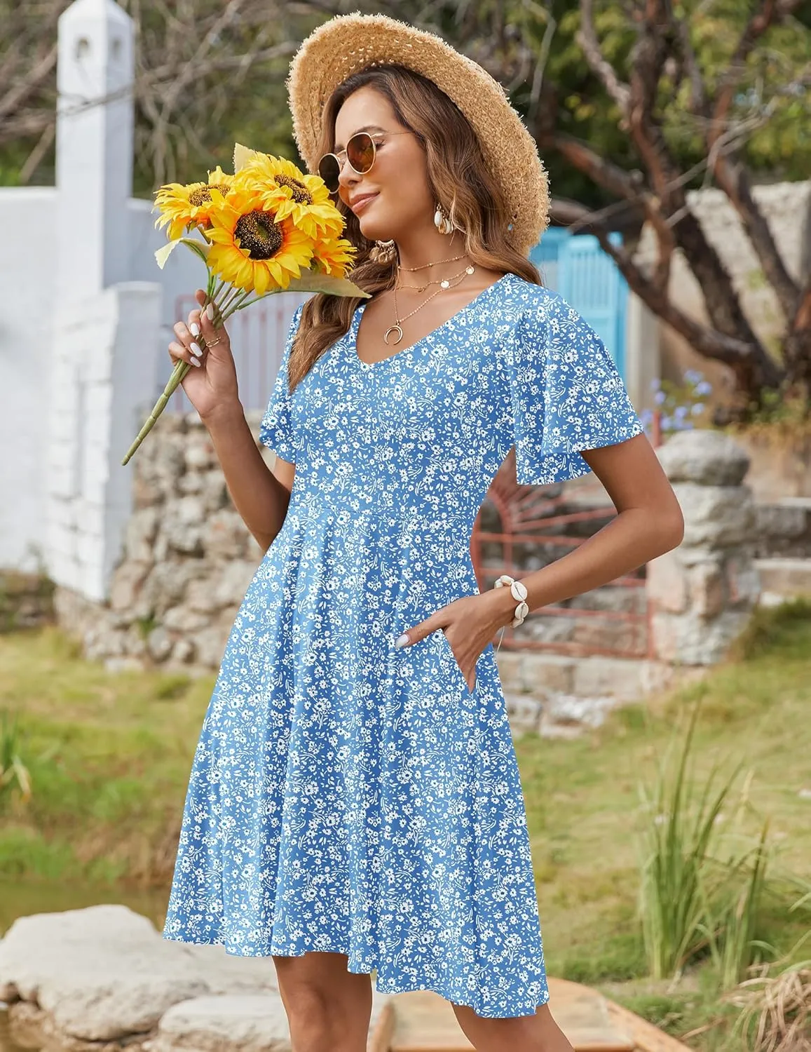 Zeagoo Womens Summer Dress Casual Swing Floral Ruffle Short Sleeve Sundresses Beach Mini A-line Shift Dress 2025 with Pockets
